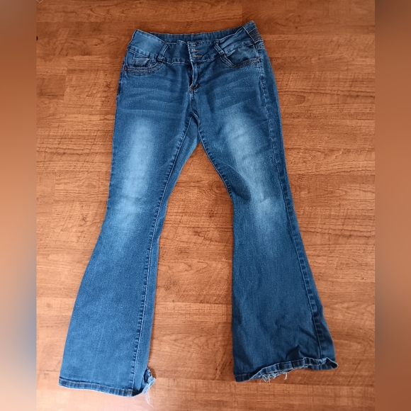 true leech Denim - Vintage Style Y2K True Leech Flare Jeans with Flap Pockets 13/14